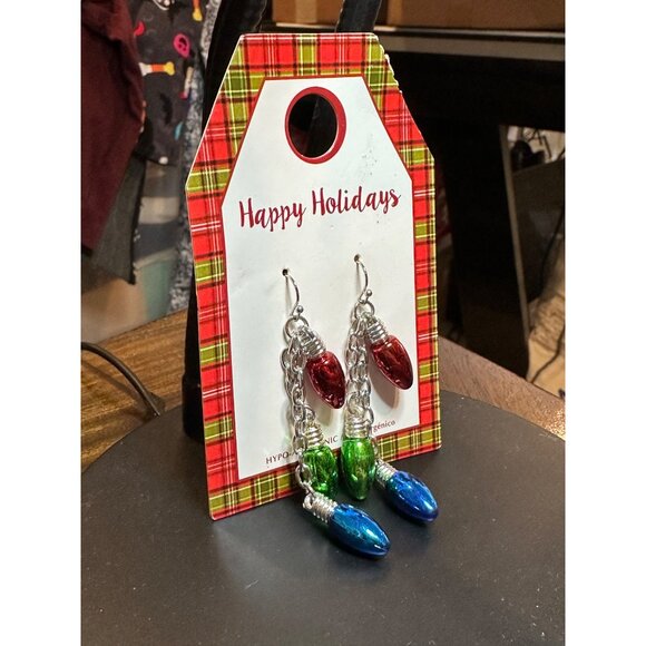Holiday-Themed Hypoallergenic Earrings Colorful Bulbs On Silver Chains Festive - Picture 6 of 9